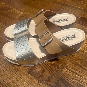 Mephisto mule sandal 41 gold and cognac leather